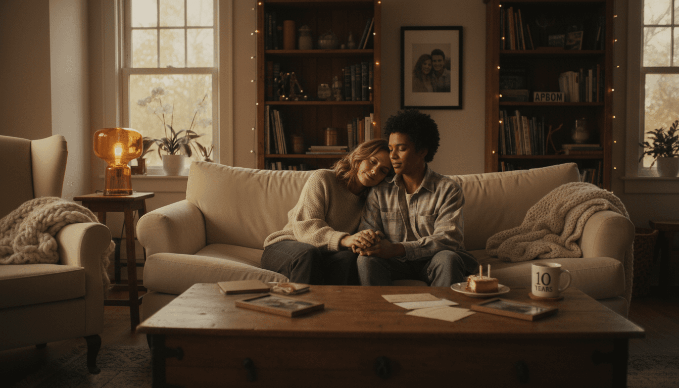 Young couple smiling in front of a welcoming home in Wayne County